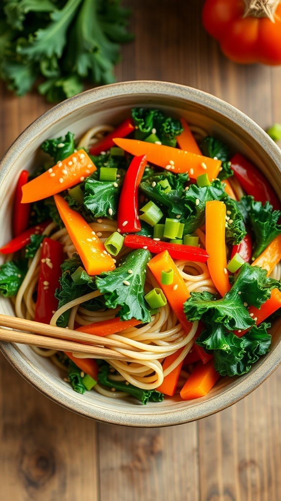 A bowl of kale noodle stir-fry with kale, bell peppers, and carrots, garnished with green onions and sesame seeds.
